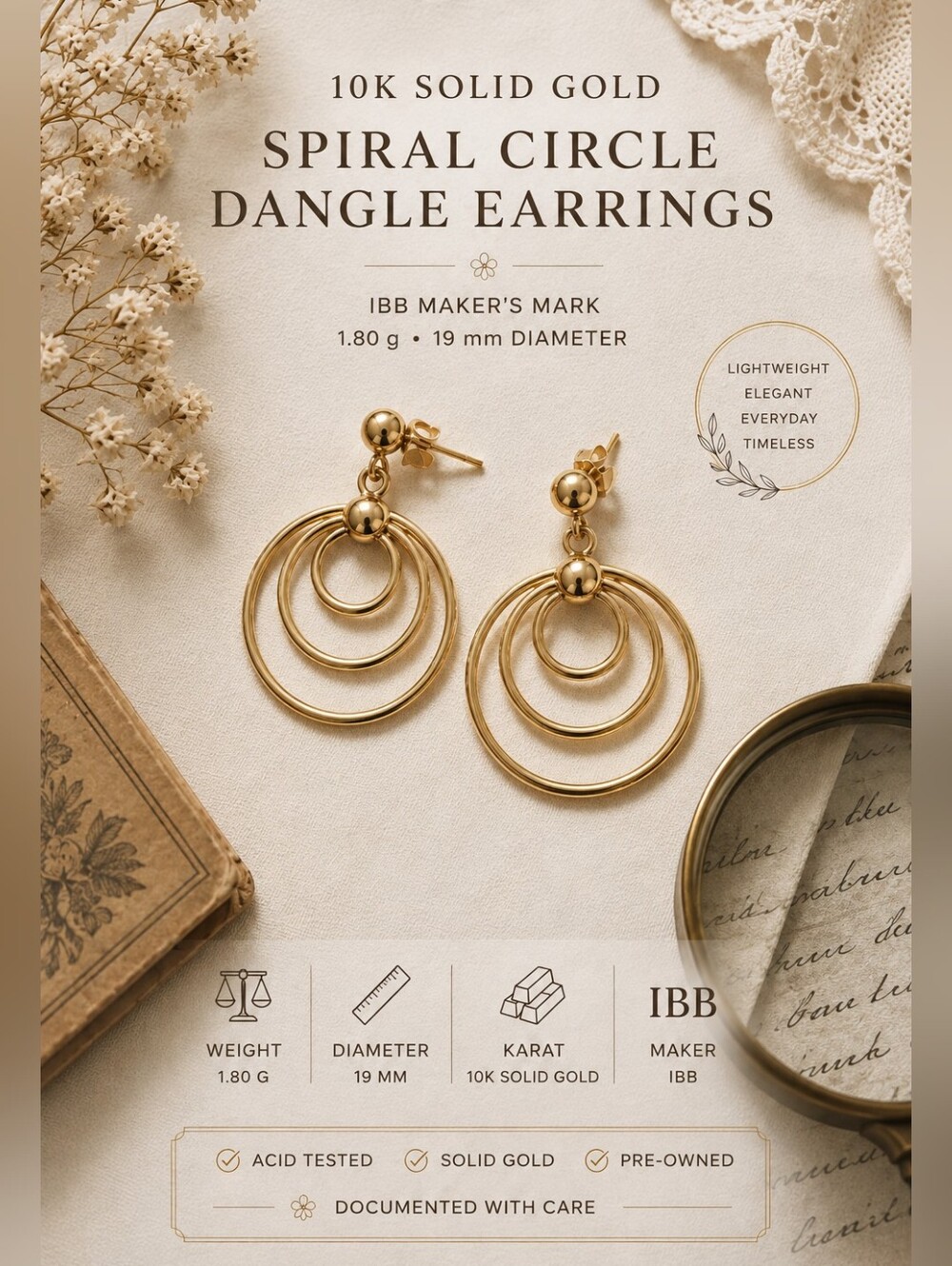 10K Solid Gold Spiral Circle Dangle Earrings | IBB | 1.80 g